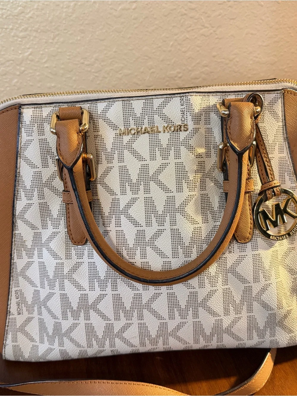 Michael Kors White and Brown Signature Logo Satchel with Gold Hardware